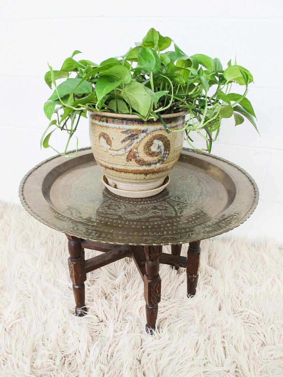 Brass Tray Top Spider Table with Folding Wood Base