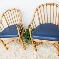 Bamboo Chair Set with Blue Faux Leather Seat Cushions