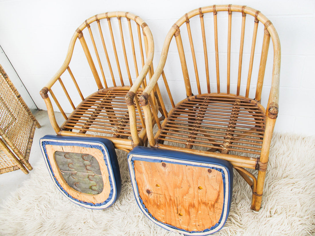 Bamboo Chair Set with Blue Faux Leather Seat Cushions