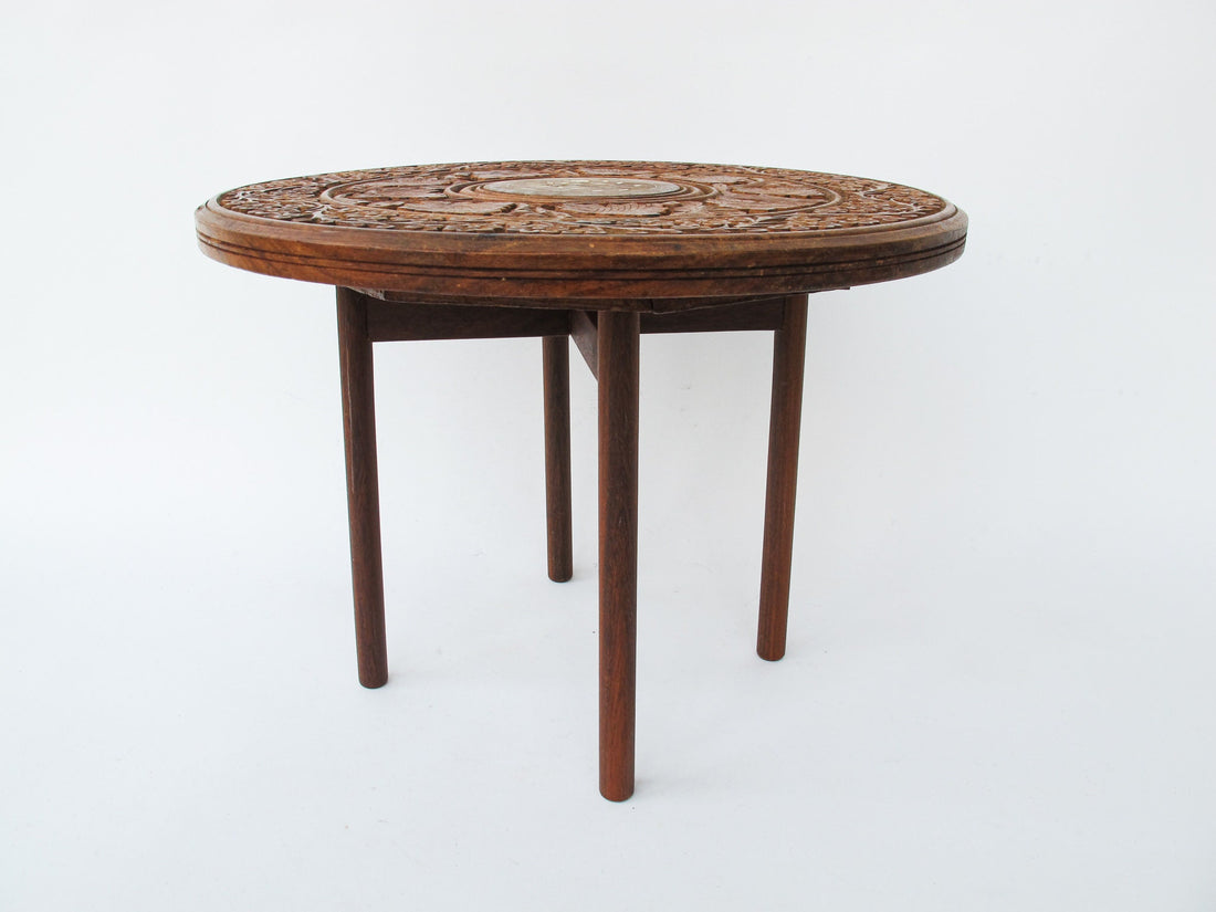 Teak Wood Table with Plant Stand Base and Inlay Wood Table Top
