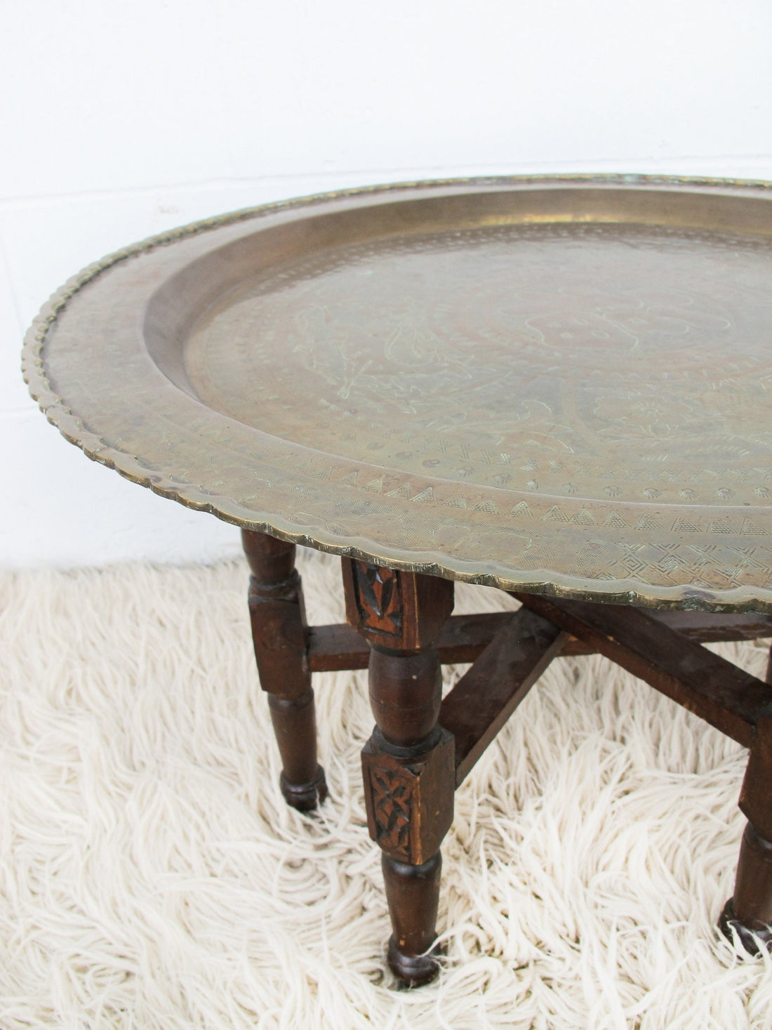 Brass Tray Top Spider Table with Folding Wood Base