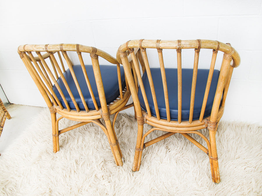 Bamboo Chair Set with Blue Faux Leather Seat Cushions