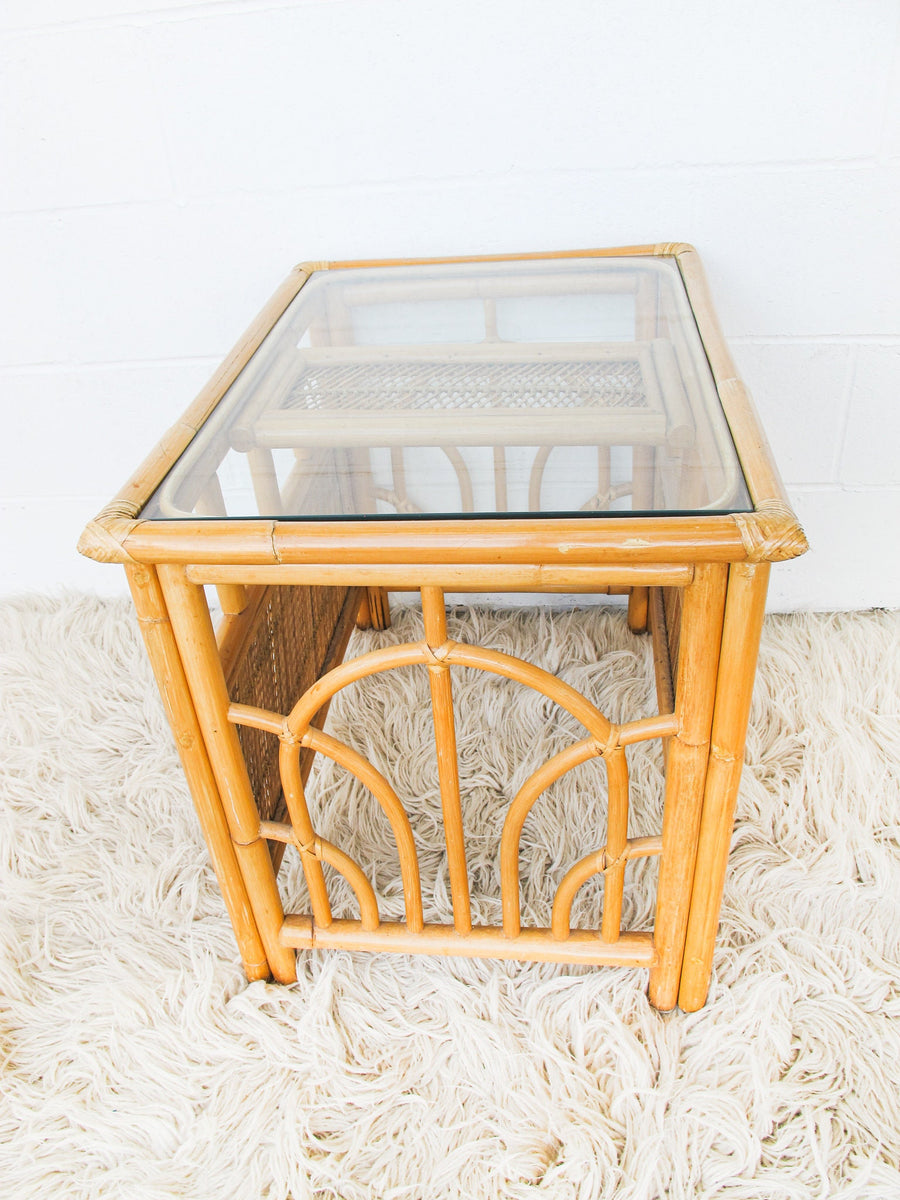 Midcentury Bamboo End Table with Glass Top
