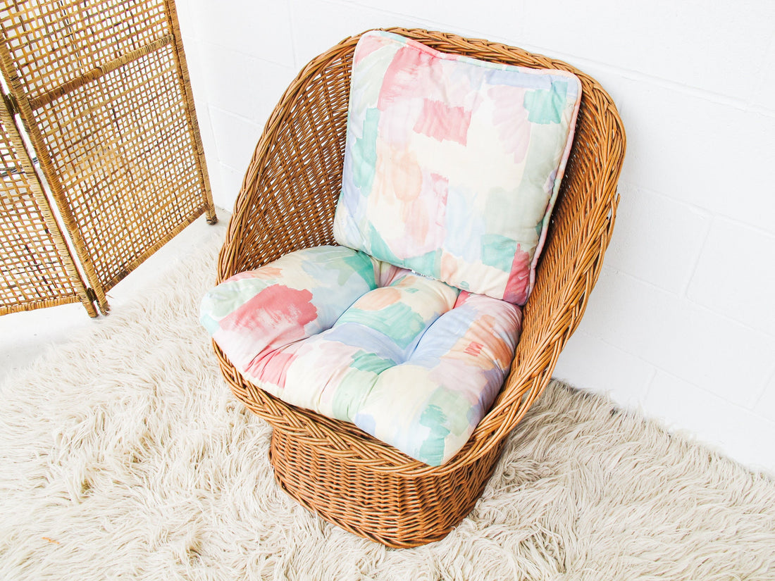 Wicker Barrel Chair Made in Yugoslavia with Cushion and Pillow