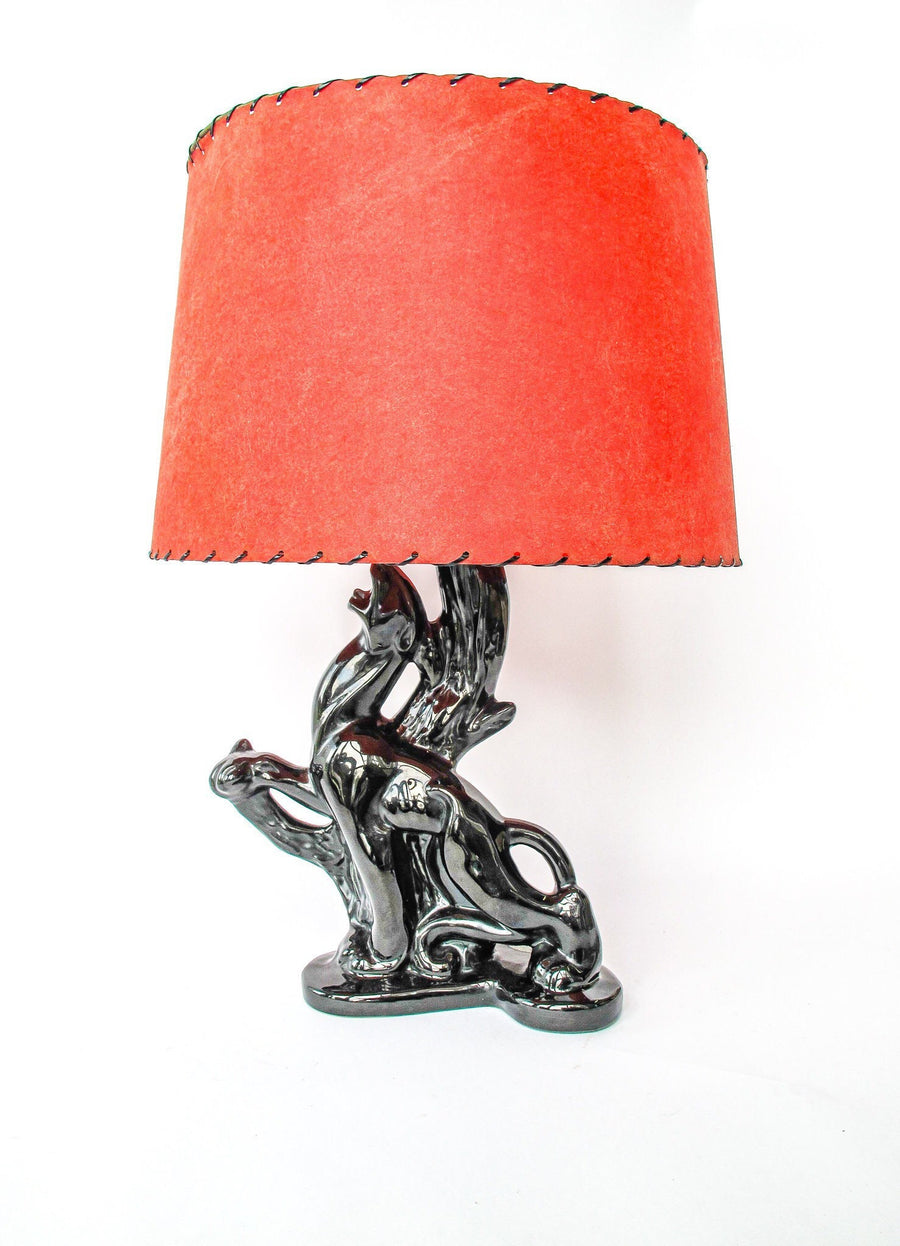 Ceramic Panther Sculpture Table Lamp with Red Shade