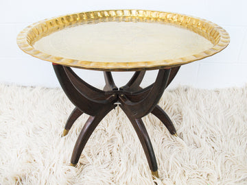 Brass Tray Top Spider Table with Wooden Base