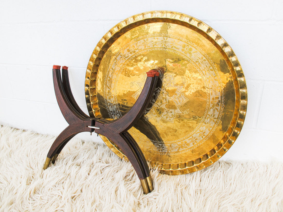 Brass Tray Top Spider Table with Wooden Base