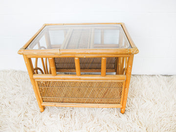 Midcentury Bamboo End Table with Glass Top