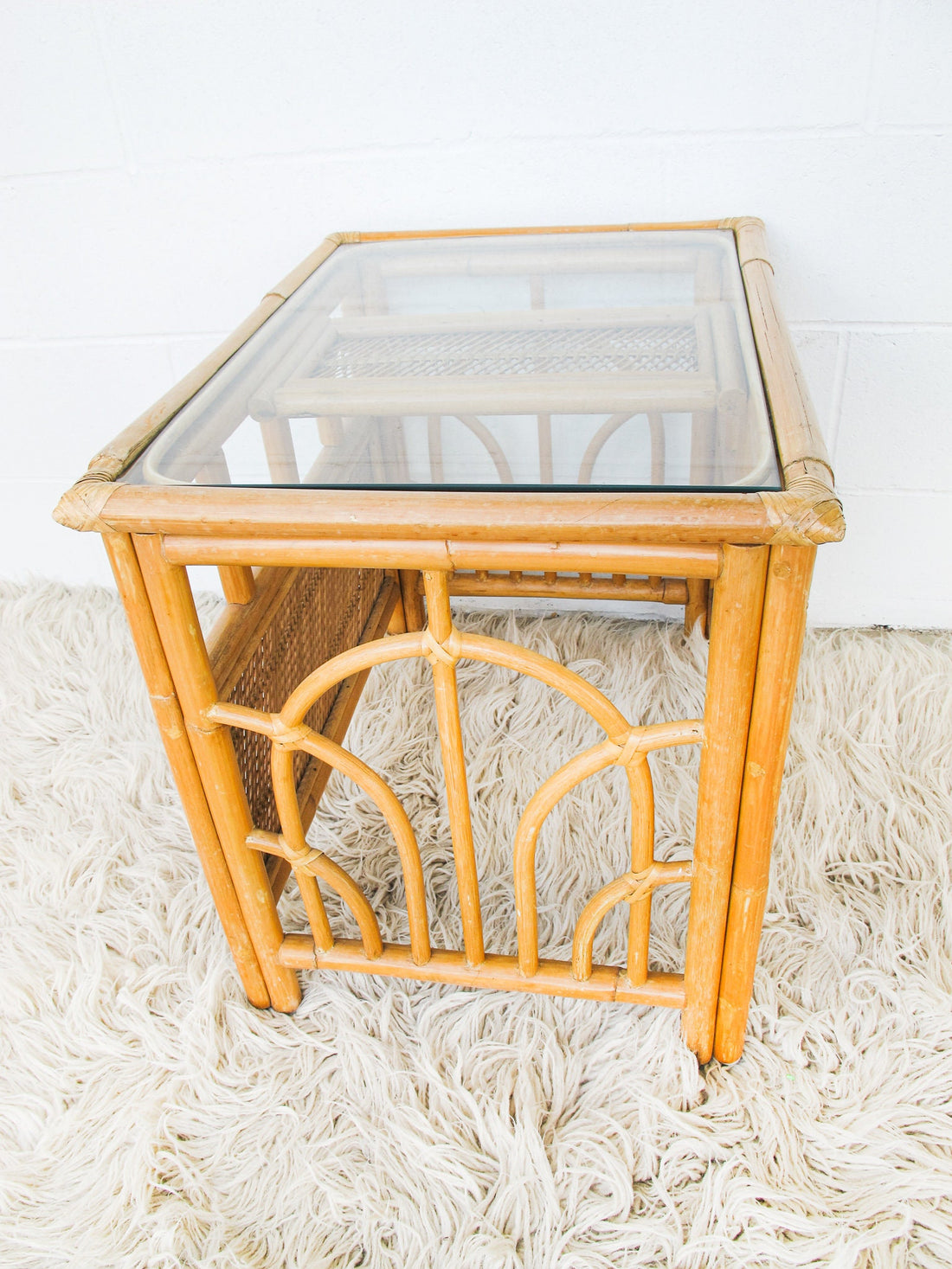 Midcentury Bamboo End Table with Glass Top