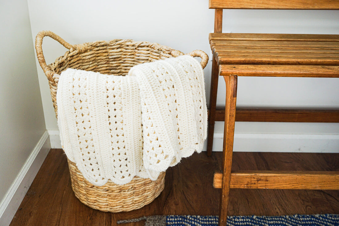 Knitted Crochet Ivory Throw Blanket