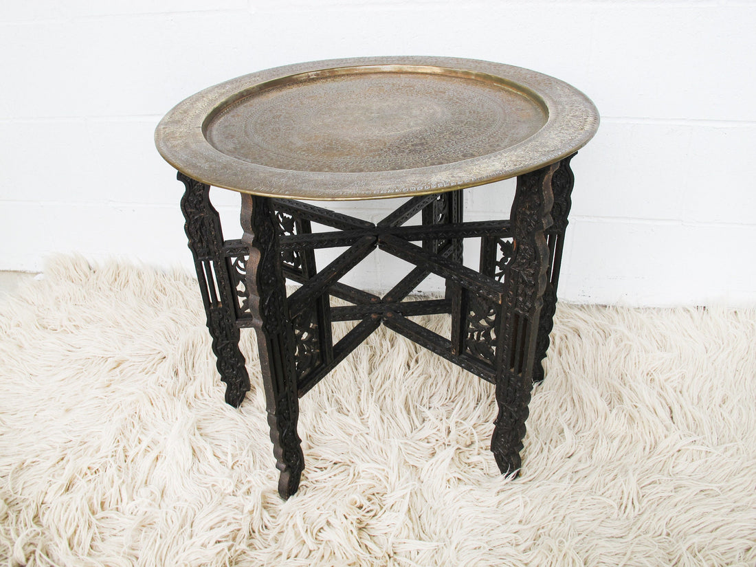 Brass Tray Top Table with Folding Wood Base