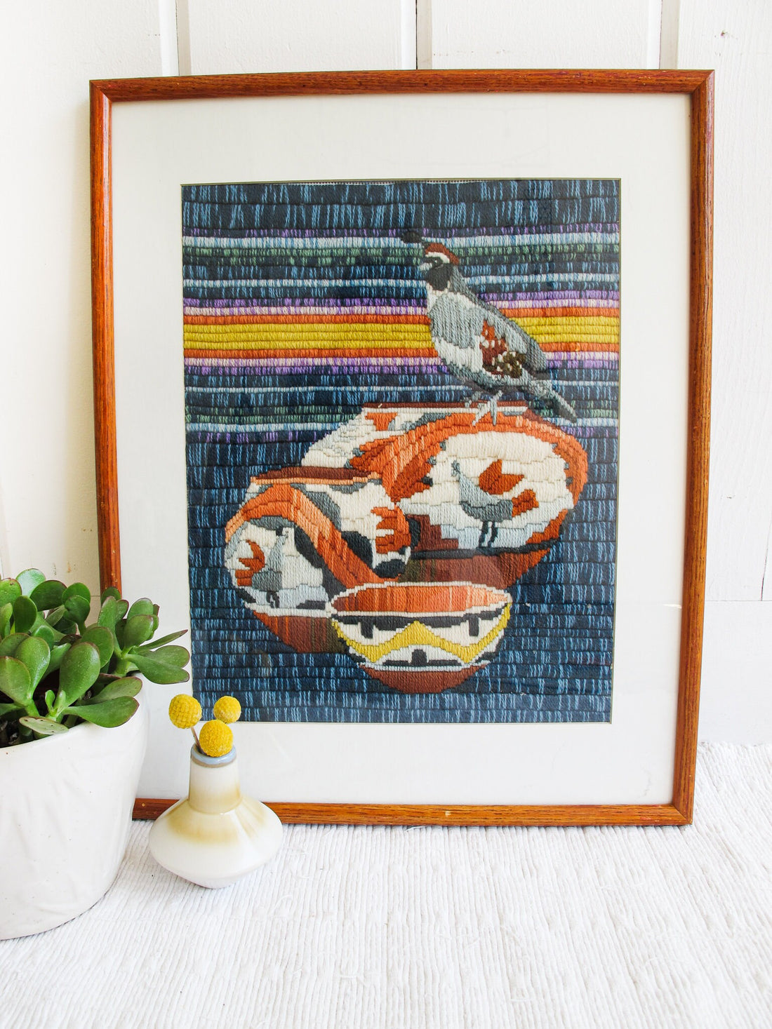 Desert Native Basket Woven Needle Point  Embroidery Wall Tapestry with Wood and Glass Frame