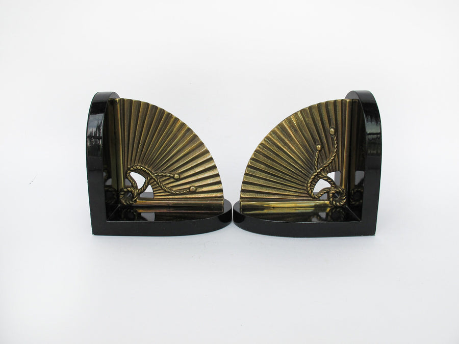 Brass Fan Bookends with Black Enameled Wood Bases