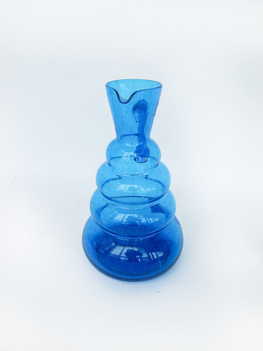 Wavy Blue Glass Serving Water Pitcher Vase