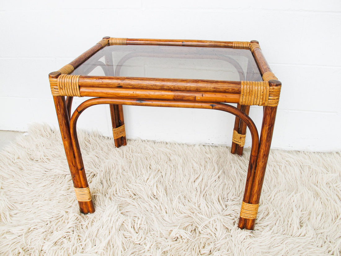 Bamboo Side Tables with Glass Tops Set of Two