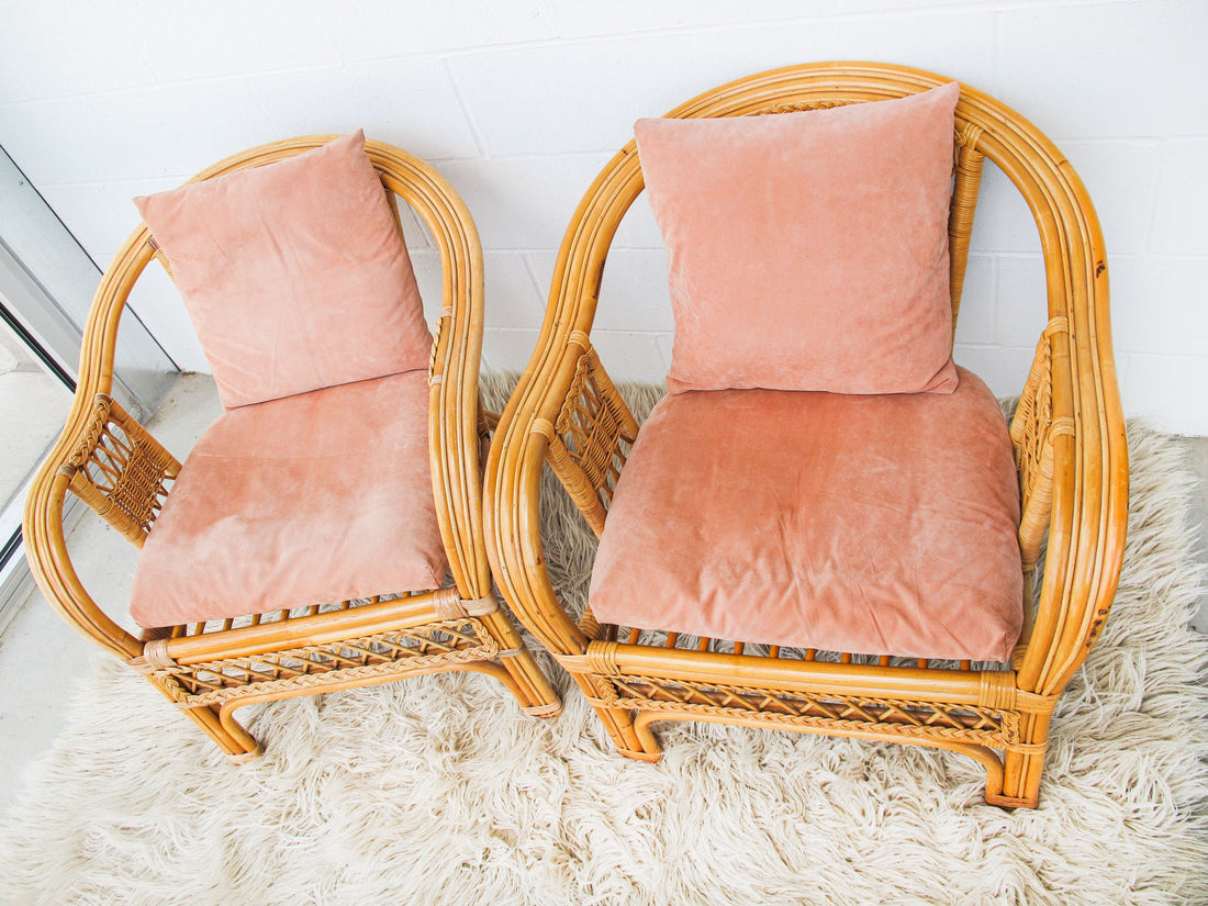 Bamboo Lounge Chairs with Dusty Rose Velvet Cushions and Pillows (Sold Separately)