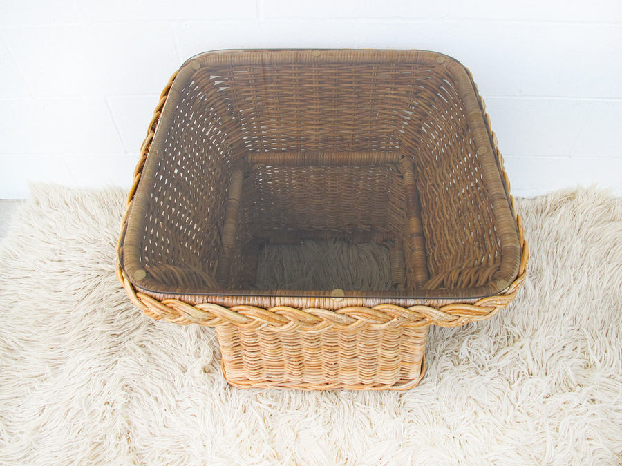 Wicker Coffee Side Table with Glass Top