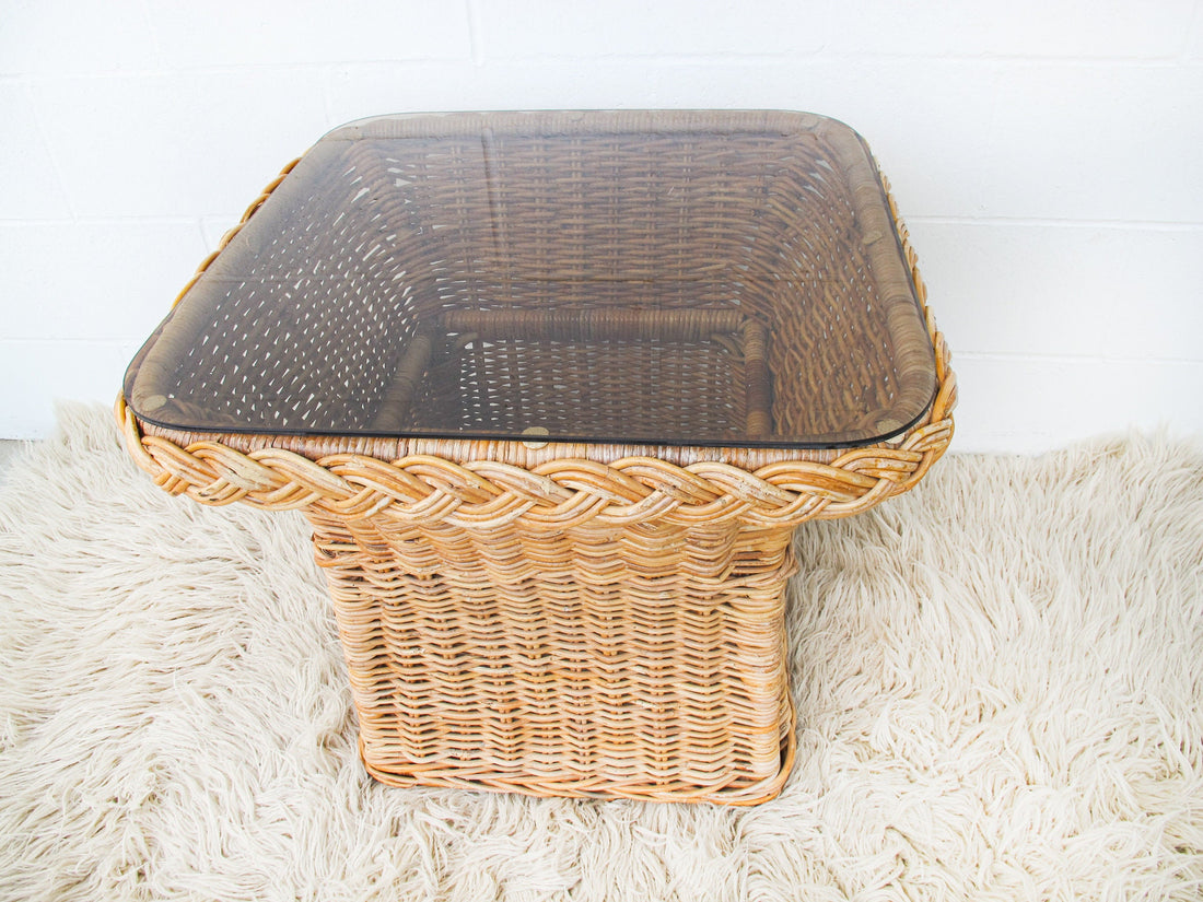 Wicker Coffee Side Table with Glass Top