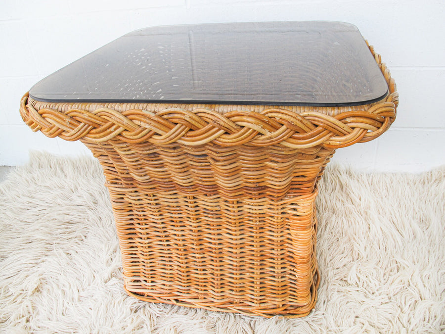 Wicker Coffee Side Table with Glass Top