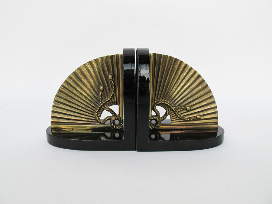 Brass Fan Bookends with Black Enameled Wood Bases