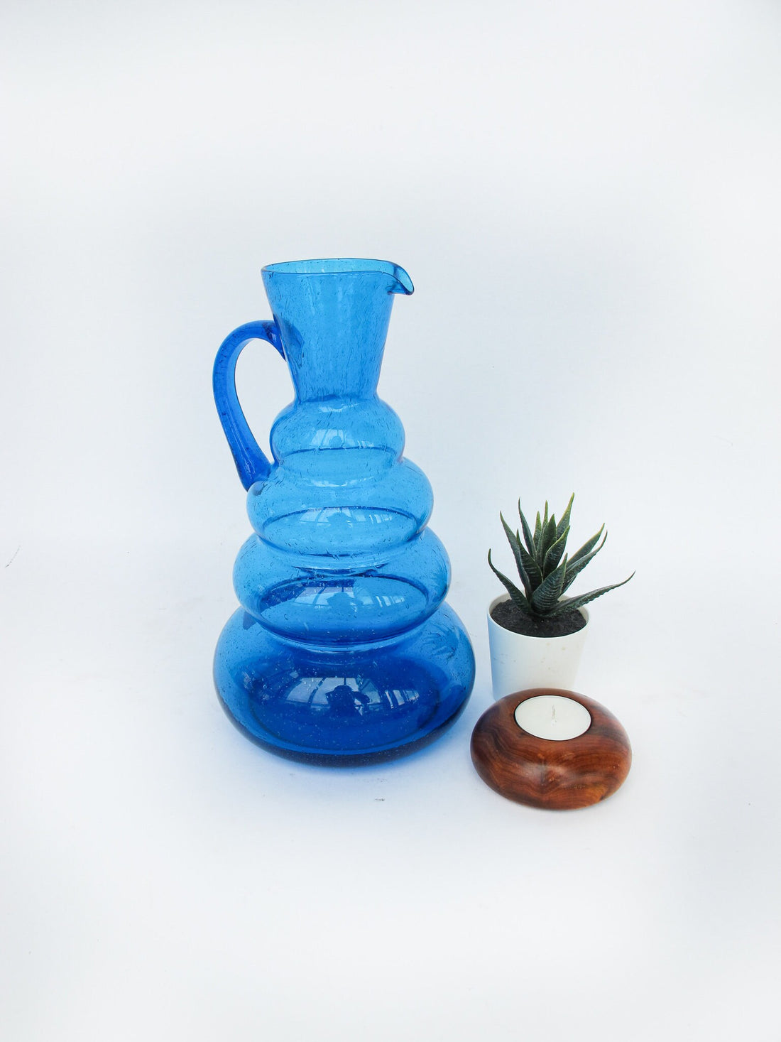 Wavy Blue Glass Serving Water Pitcher Vase