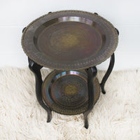 Brass Coffee End Table with Folding Wood Legs Two-Tiered