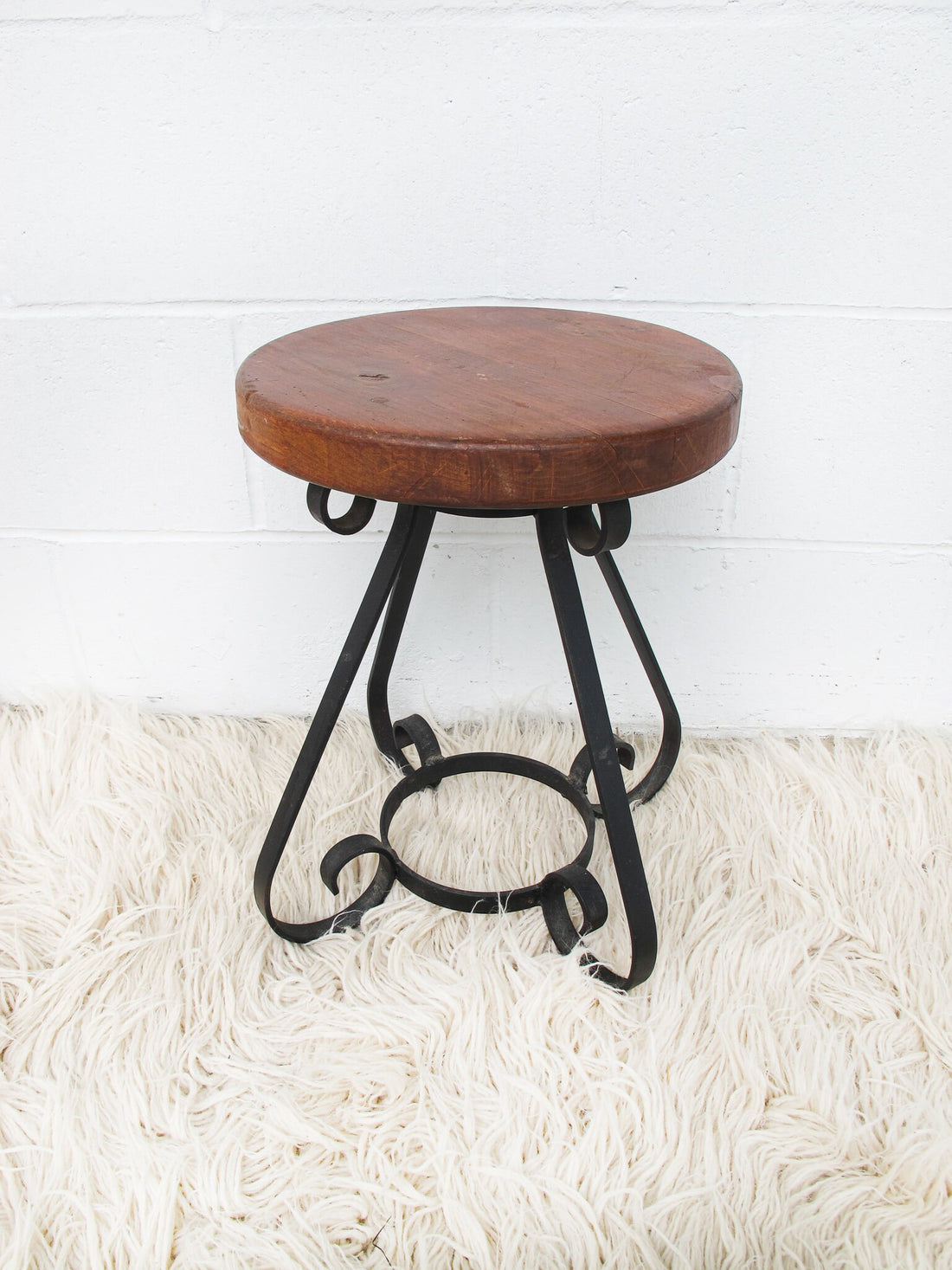 Cast Iron and Wood End Table Stool Plant Stand