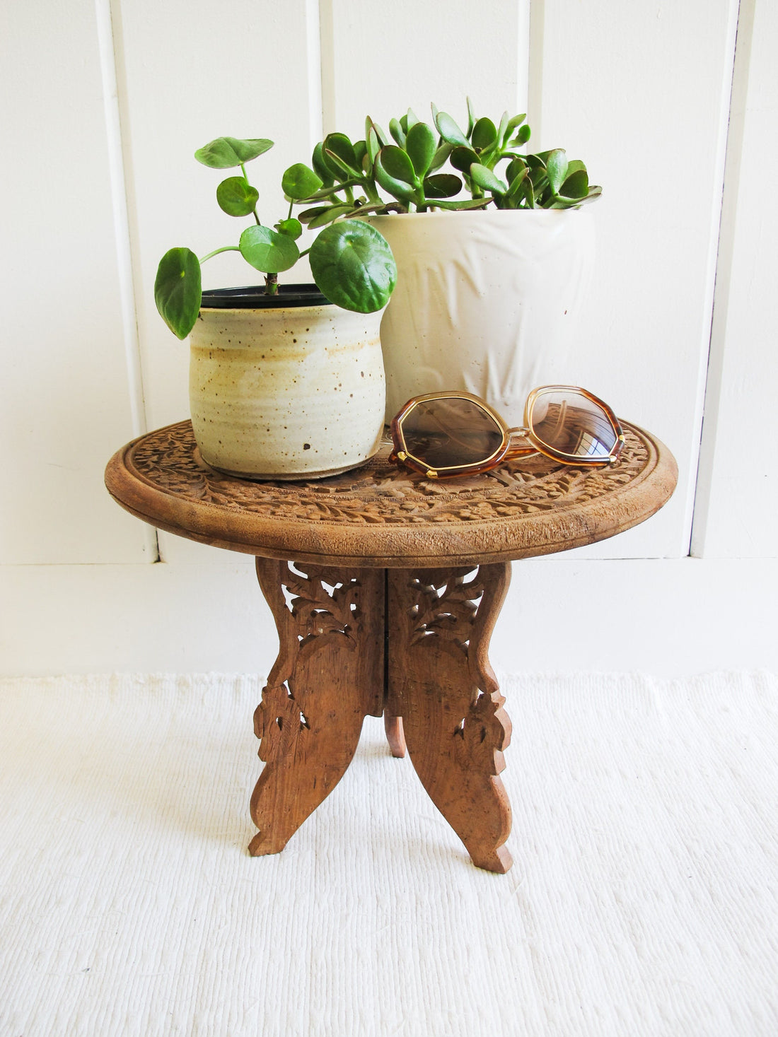 Teak Wood Table Plant Stand with Folding Base