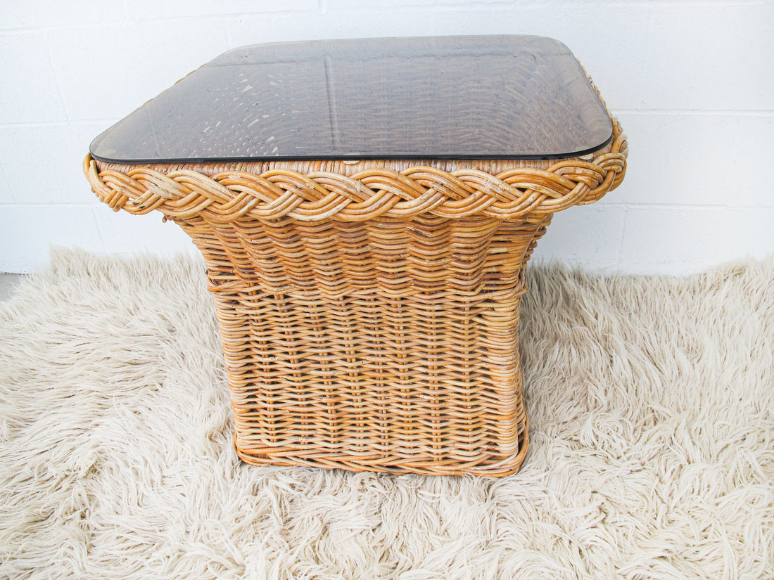 Wicker Coffee Side Table with Glass Top