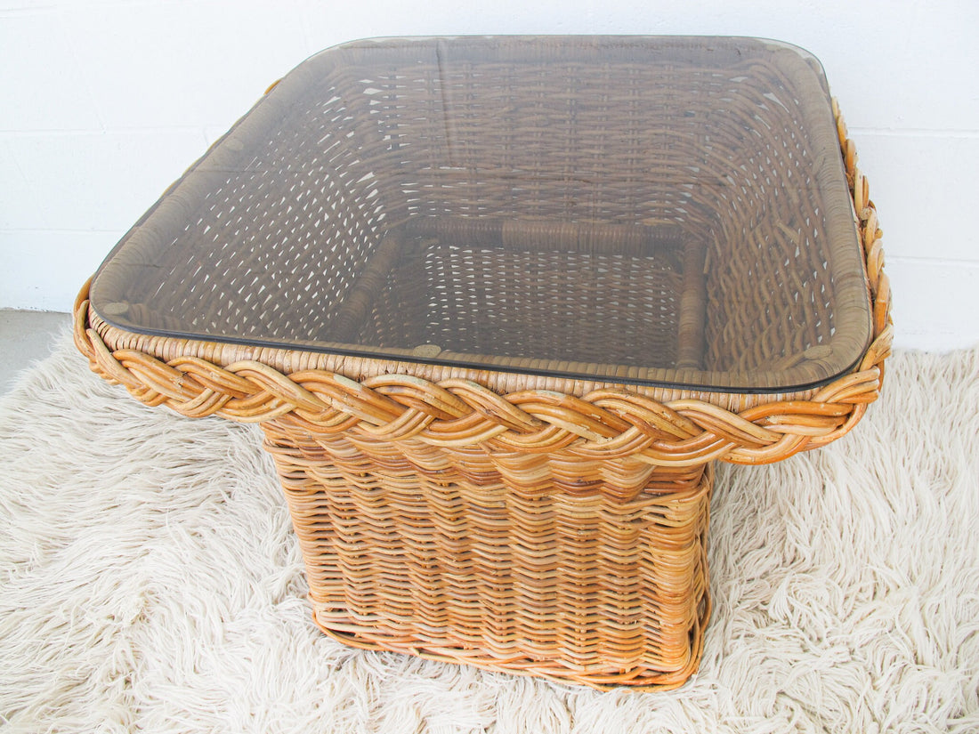 Wicker Coffee Side Table with Glass Top