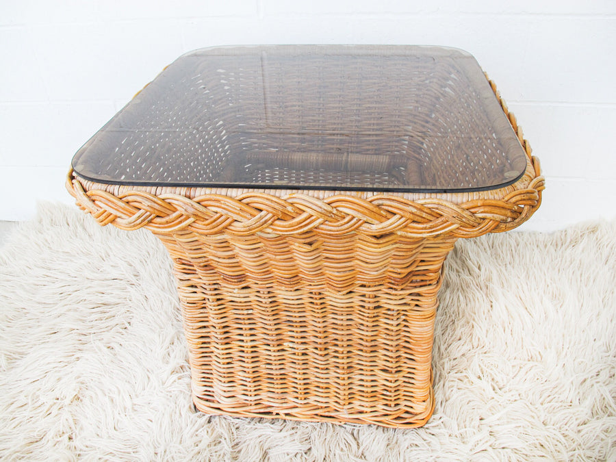 Wicker Coffee Side Table with Glass Top