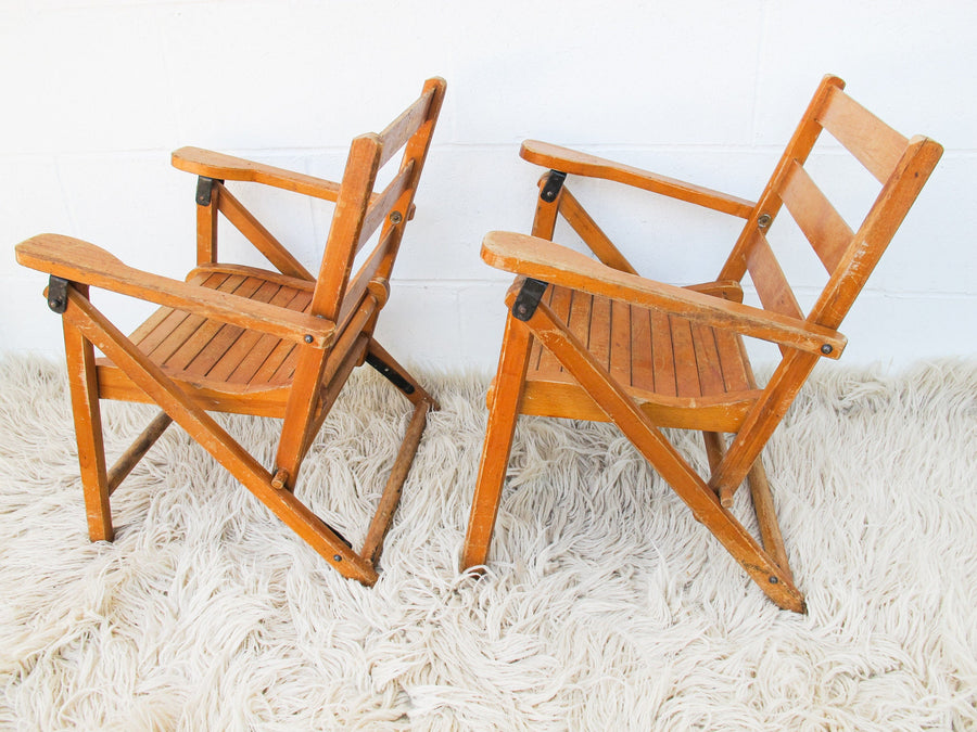 Childrens Kids Slatted Wood Folding Chairs Set of Two
