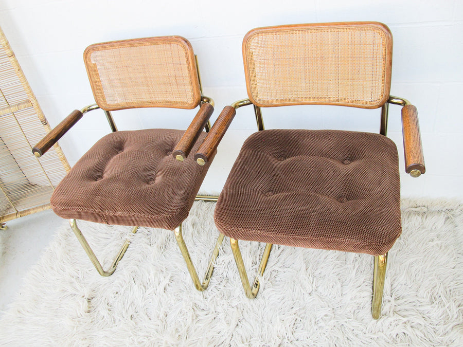 Upholstered Marcel Breuer Style Chairs with Cane Backs and Gold Chrome Cantilever Base