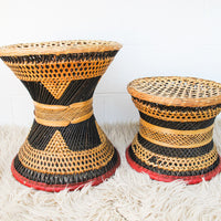 Wicker African Drum Stool with Red Leather Accents (1 Left)