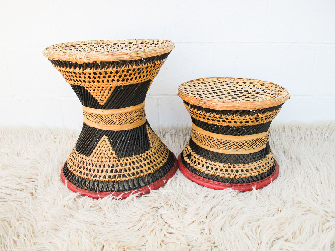Wicker African Drum Stool with Red Leather Accents (1 Left)