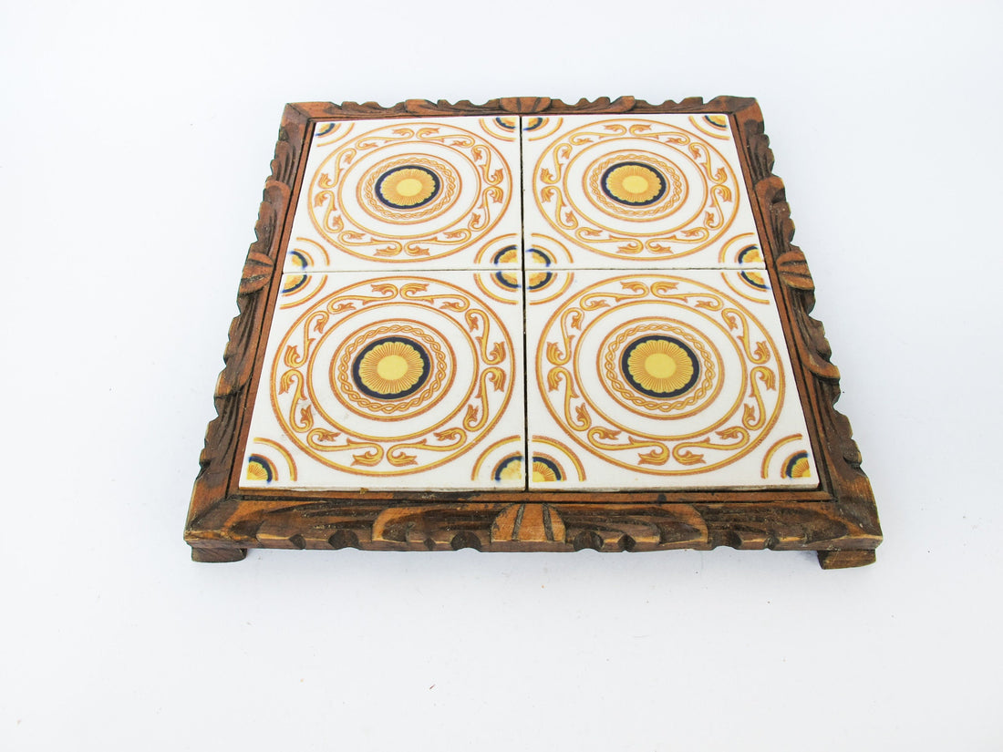 Mexican Tile and Carved Wood Tray Trivet