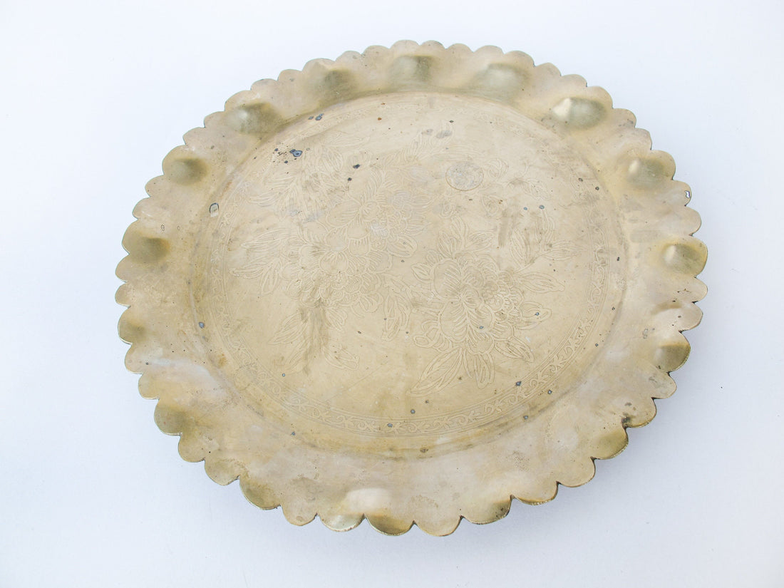 Scalloped Edge Brass Serving Tray with Floral Etched Detail