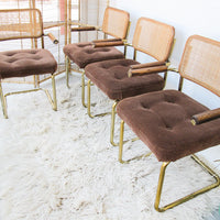 Upholstered Marcel Breuer Style Chairs with Cane Backs and Gold Chrome Cantilever Base