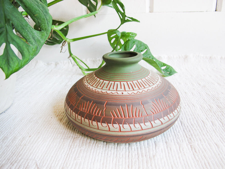 Navajo Pottery Vase in Green, Terracotta, White