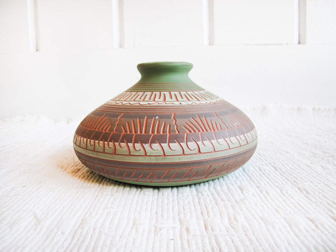 Navajo Pottery Vase in Green, Terracotta, White