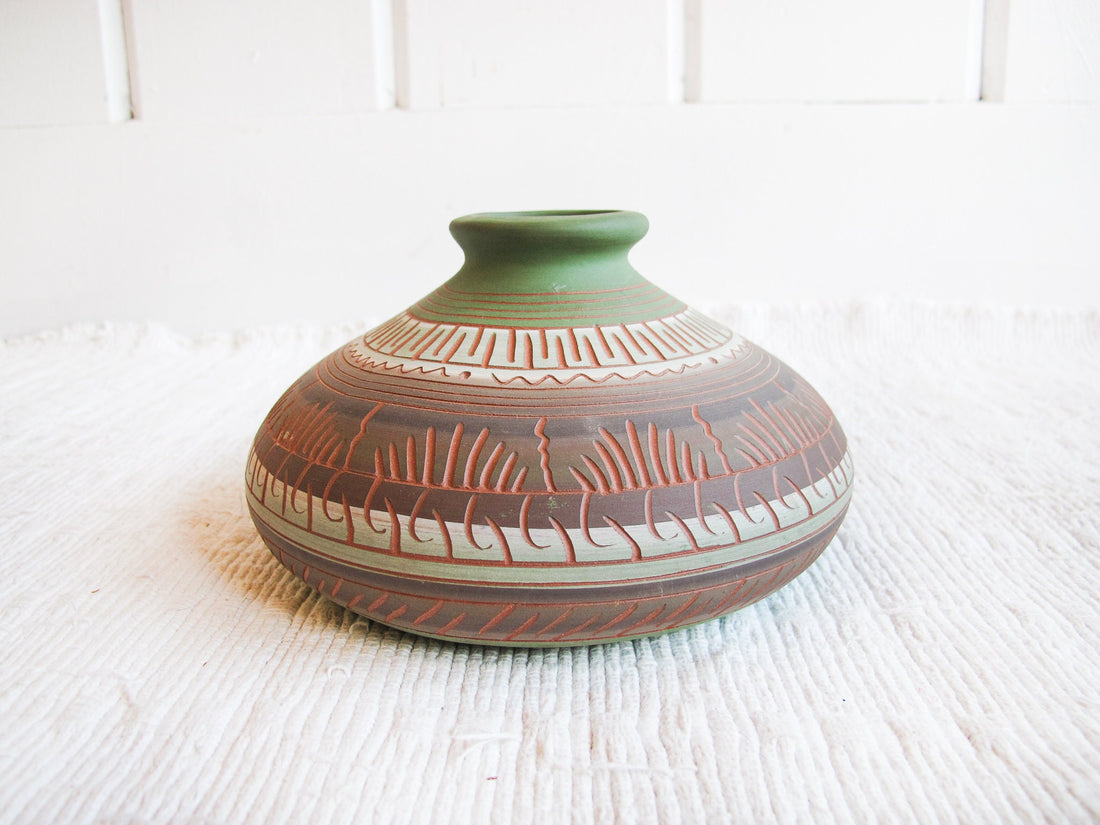 Navajo Pottery Vase in Green, Terracotta, White