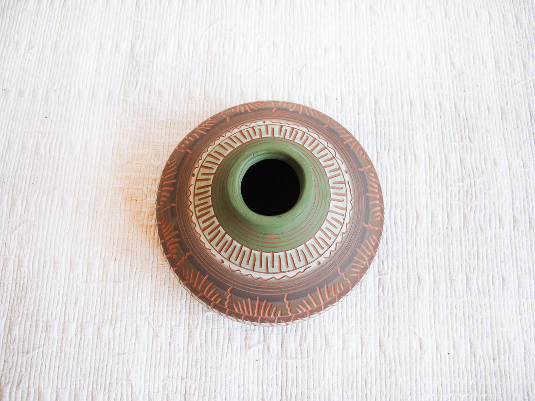 Navajo Pottery Vase in Green, Terracotta, White