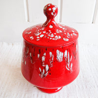 Volcano Cookie Jar With Lid Drip Glaze Red with Black and White Speckled Made in the USA