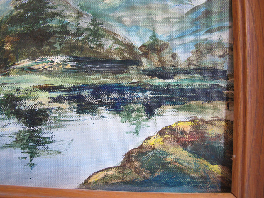 Mountain Lake Landscape Painting with Original Wood Frame