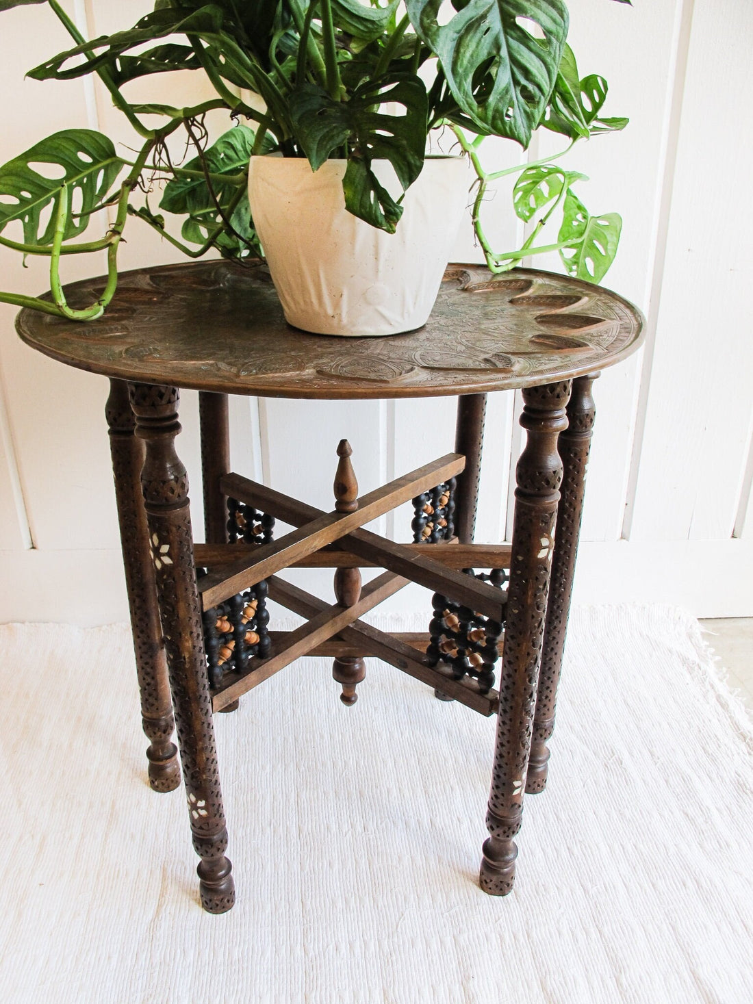 Mixed Metal Copper Top Tray Table with Folding Wood Legs with Inlay