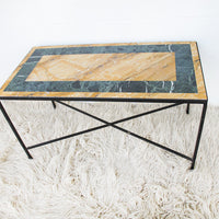 Cast Iron and Marble Coffee Table with Inlay Top in Gold and Green