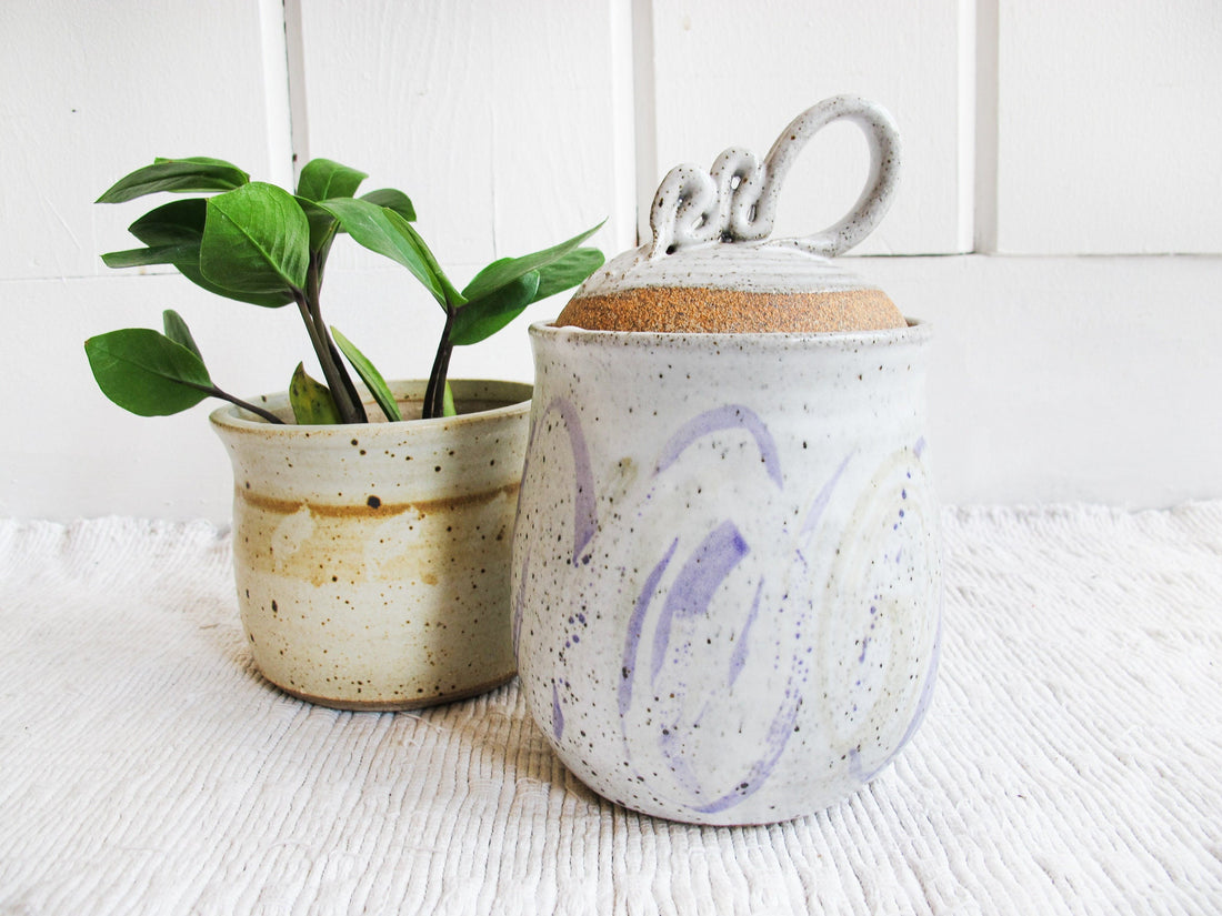 Light Purple Swirl Ceramic Canister with Wavy Handle Top