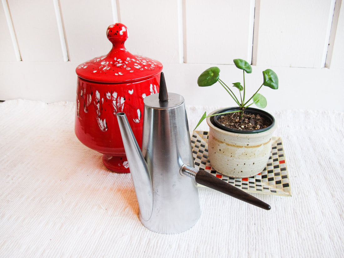 Midcentury Italian Stainless Steel Tea Coffee Pot with Rosewood Handles