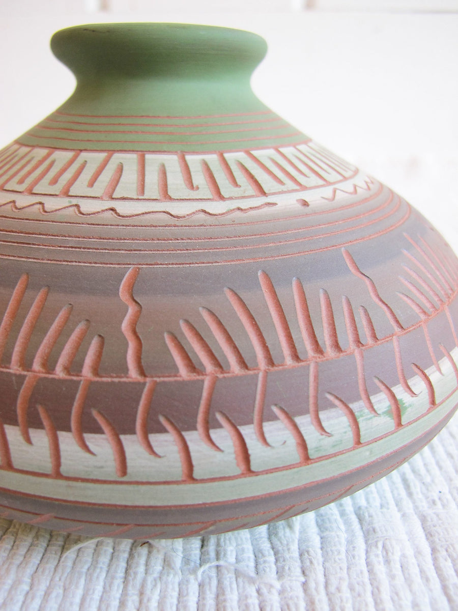 Navajo Pottery Vase in Green, Terracotta, White