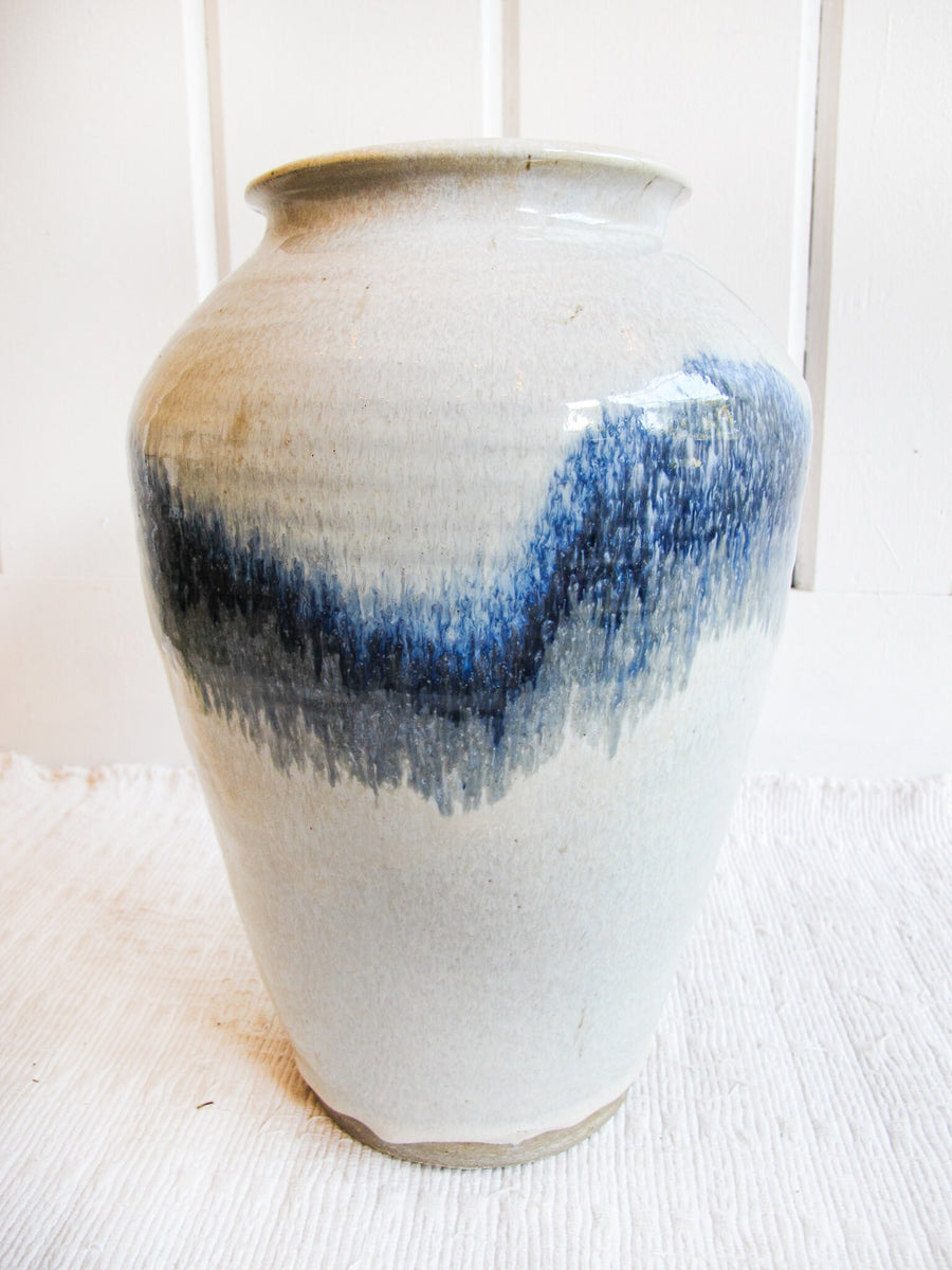 Ceramic Floor Pot Vase with White and Bright Indigo drip Glaze